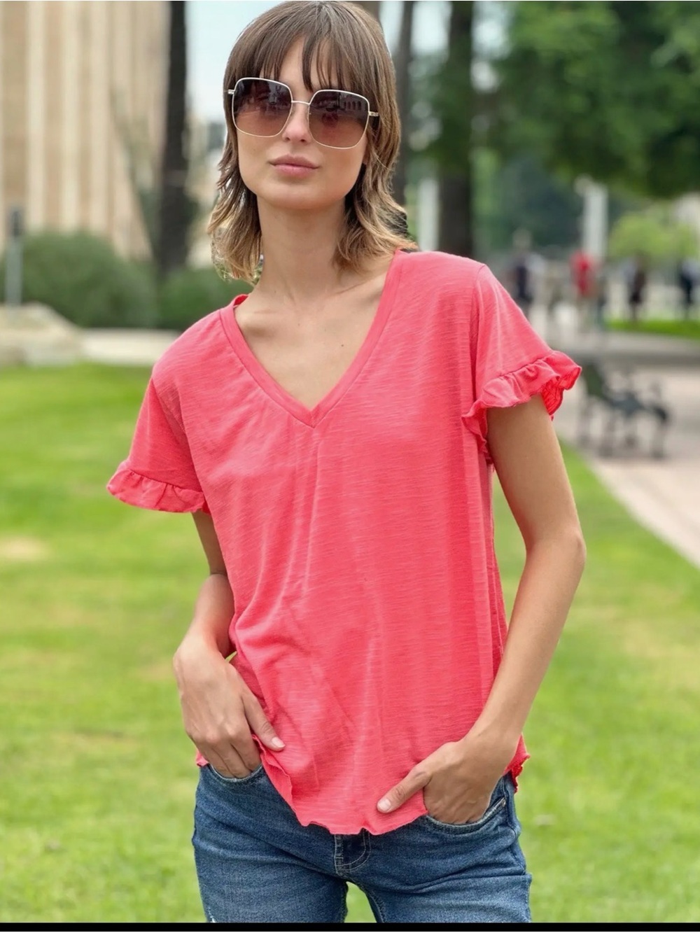 BILLY T v-neck Melon/ Ruffled T-Shirt / NWT / Ptp-19” $88